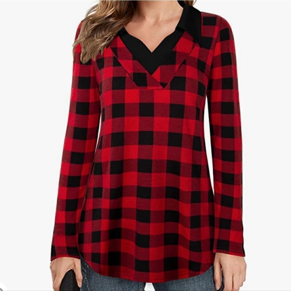 Timeson Long Sleeve Collar Plaid V-Neck Tunic Blouse